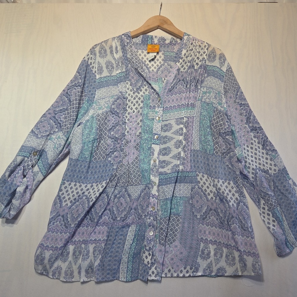 Ruby‎ Rd Woman 1X Sheer Patchwork Print Roll Tab Sleeve Pleated Button Blouse